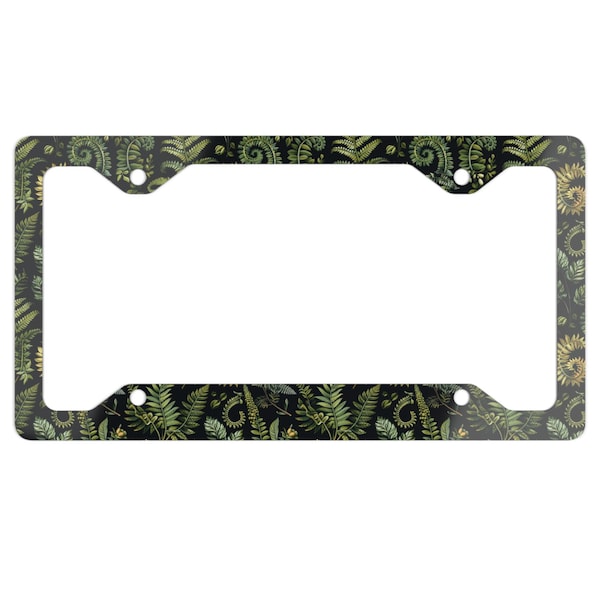 Witchy Fern Forest Green Car Metal License Plate Frame, Nature Botanical Floral License Plate Holder, Car Accessories Gift