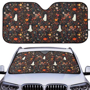 Boho Ghost Forest Car Auto Sun Shade, Cute Spooky Halloween Windshield Sunshade, Car Decor Gift, Car Accessories, Front Window Cover