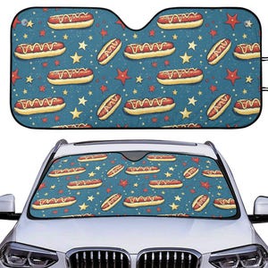 Funny Hotdog Patriotic Car Auto Sun Shade, 4th of July Windshield Sunshade, Summer Car Decor Gift, Car Accessories, Front Window Cover