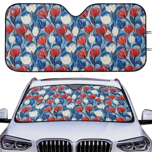 Tulip Flowers Car Auto Sun Shade, Cute Retro Boho Floral Windshield Sunshade, Summer Car Decor Gift, Car Accessories, Front Window Cover