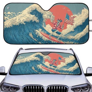 Funny Patriotic Skeleton Car Auto Sun Shade, Kanagawa Wave Windshield Sunshade, Summer Car Decor Gift, Car Accessories, Front Window Cover