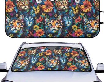 Vintage Cat Floral Car Auto Sun Shade, Cute Kitten Flowers Windshield Sunshade, Summer Lovers Car Gift, Car Accessories, Front Window Cover