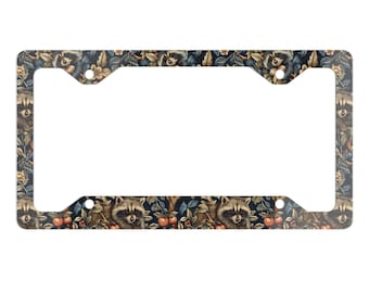 Retro Raccoon Forest Car Metal License Plate Frame, Woodland Animal Floral Car Decor, License Plate Holder, Car Accessories Gift