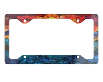 Ocean Wave Car Metal License Plate Frame, Faux Stained Glass Summer Beach Car Decor, License Plate Holder, Car Accessories Gift