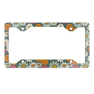Hippie Floral License Plate Frame, Daisy Flowers Car Decor, Cute Retro Design, Vehicle Accessory Gift, Metal License Holder, Car Accessories