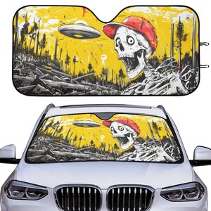 Funny Skeleton UFO Car Sunshade, Spooky UFO Sightings Car Decor, UFO Lover Windshield Cover, Front Window Cover, Car Accessory Gift
