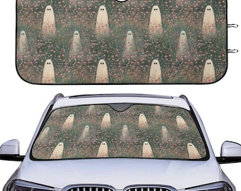 Spooky Flower Garden Car Auto Sun Shade, Ghost Floral Windshield Sunshade, Car Accessories, Front Window Cover