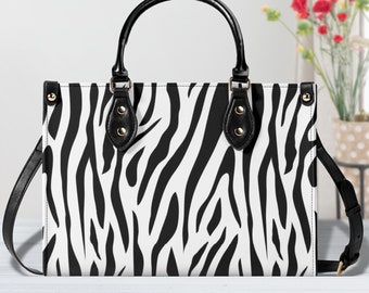 Zebra Stripe Women PU Leather Handbag, Black And White Vegan Leather Strap Bag, Cute Aesthetic Crossbody Trendy Travel Bag, Gift For Her