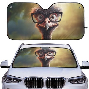 Funny Ostrich Car Auto Sun Shade, Geek Nerd Ostrich Bird Windshield Sunshade Summer Lovers Car Gift Car Accessories Front Window Cover