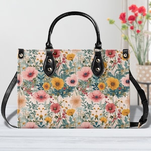 Sommer Blumen Frauen PU Leder Handtasche, Cottagecore Floral Vegan Leder Gurt Tasche, niedliche Crossbody Trendy Reisetasche, Geschenk für sie