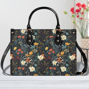 Dark Witchy Floral Women PU Leather Handbag, Botanical Forest Vegan Leather Strap Bag, Aesthetic Crossbody Trendy Travel Bag, Gift For Her