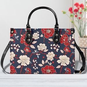 Boho Oriental Floral Women PU Leather Handbag, Vegan Leather Strap Bag, Aesthetic Crossbody Hippie Travel Bag For Woman, Gift For Her