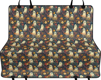 Spooky Flower Garden Car Pet Seat Cover, Retro Ghost Floral Halloween Dog Hammock For Back Seat, Car Seat Protector, Gift for Dog Owner