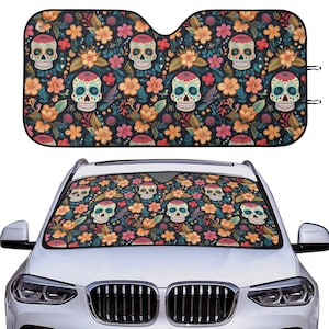 Sugar Skulls Car Auto Sun Shade, Mexican Floral Boho Windshield Sunshade, Aesthetic Car Decor Gift, Front Window Cover