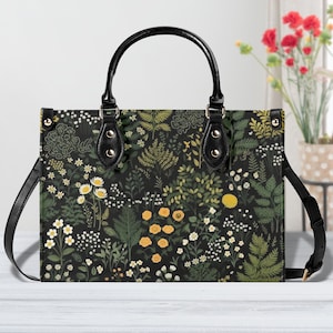 Cottagecore Forest Women PU Leather Handbag, Vegan Leather Strap Floral Bag, Aesthetic Crossbody Hippie Travel Bag For Woman, Gift For Her
