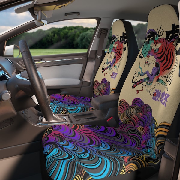 Tiger Japanese Psychedelic Set Of Two Front Car Seat Covers, Artistic Car Seat Covers, Trendy Car Accessories, Car Seat Protector