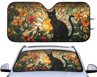 Black Cat Retro Sunray Car Sunshade, Cottagecore Cat Floral Windshield Car Decor, Gift For Cat Lover, Front Window Cover, Car Decor Gift