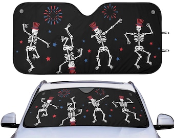 Dancing Skeletons Patriotic Car Auto Sunshade, Funny 4th of July Windshield Sunshade, Independence Day Car Decor Gift, Front Window Cover