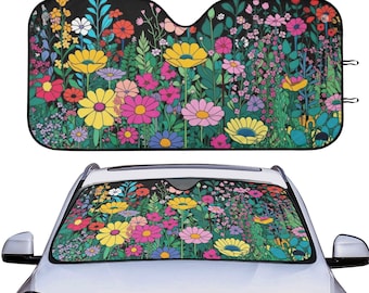 Wildflowers Garden Car Auto Sun Shade, Wild Floral Cottagecore Windshield Sunshade Summer Lovers Car Gift Car Accessories Front Window Cover