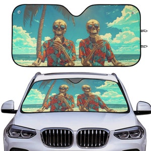 Funny Skeletons Car Auto Sun Shade, Tropical Beach Skull Windshield Sunshade, Summer Lovers Car Gift, Car Accessories, Front Window Cover