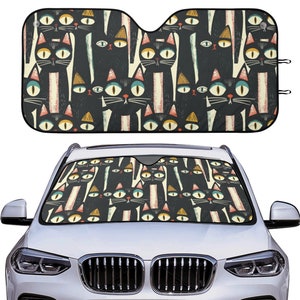 Funny Cat Car Sunshade, Kitschy Cat Retro Windshield Sunshade, Car Decor Gift For Cat Lover, Front Window Cover