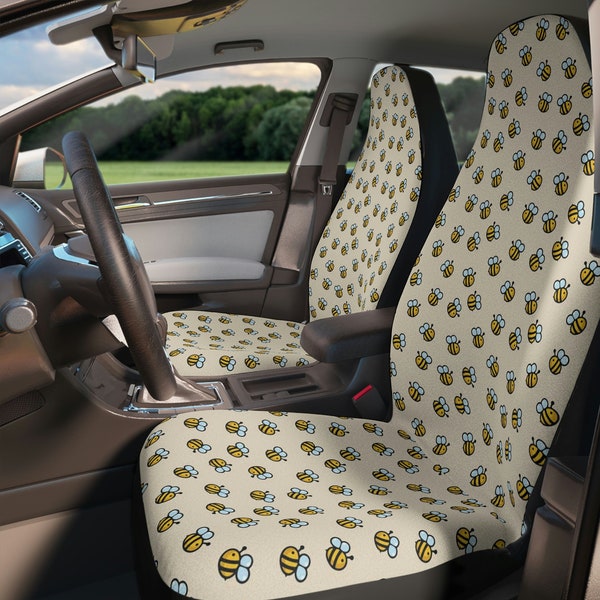 Cute Bee Pattern Set Of Two Front Car Seat Covers, Aesthetic Honey Bees Car Seat Covers, Trendy Car Accessories, Car Seat Protector