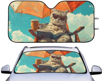 Funny Cat Book Lover Car Sunshade, Retro Quirky Windshield Car Decor, Gift For Cat Lover, Cat Mom Gift, Front Window Cover, Car Decor Gift