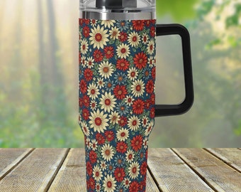 Retro Floral 40oz Stainless Steel Tumbler With Handle Lid and Straw, Cottagecore Flower Drink Cup, Travel Tumbler, Fun Tumbler Gift