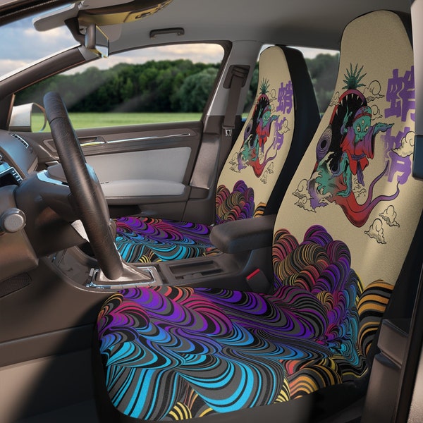 Octopus Monster Japanese Psychedelic Set Of Two Front Car Seat Covers, Artistic Car Seat Covers, Trendy Car Accessories, Car Seat Protector