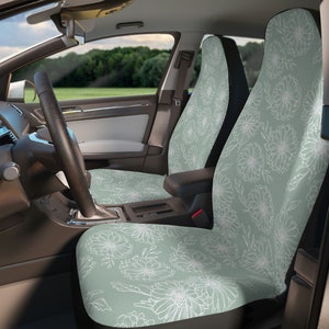 Boho Floral Mint Green Set Of Two Front Car Seat Covers, Botanical Car Seat Covers For Women, Trendy Car Accessories, Car Seat Protector