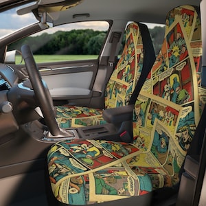 1940s Comic Book Pages Set Of Two Front Car Seat Covers, Retro Style Superhero Seat Cover, Funny Car Accessories, Car Seat Protector