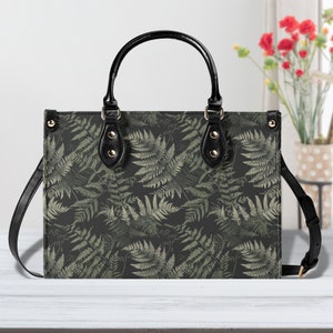 Witchy Fern Leaf Women PU Leather Handbag, Botanical Forest Vegan Leather Strap Bag, Cottagecore Crossbody Trendy Travel Bag, Gift For Her
