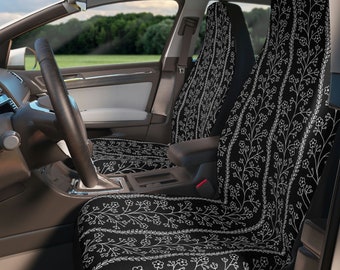 Black And White Wildflowers Set Of Two Front Car Seat Covers, Cute Boho Floral, Seat Cover For Women, Car Accessories, Car Seat Protector