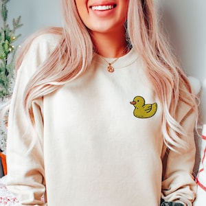 Yellow Duck Embroidered Sweatshirt, Minimalist Cute Rubber Ducky Pullover Sweatshirt, Aesthetic Baby Duck Shirt, Gift For Duck Lover