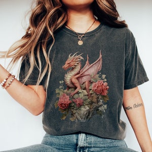 Mystical Dragon Floral Comfort Colors Shirt, Fantasy Red Dragon Boho T-Shirt, Chinese Zodiac Year of Dragon Tee, Gift For Dragon Lover