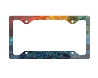 Faux Stained Glass Ocean Car Metal License Plate Frame, Retro Beach Sunset License Plate Cover, Summer Holiday Car Decor Gift