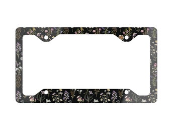 Cottagecore Flowers Car Metal License Plate Frame, Aesthetic Botanical Floral License Plate Cover, Car Decor Accessories Gift