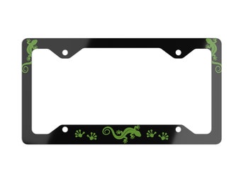 Green Gecko Car Metal License Plate Frame, Reptile Gecko License Plate Holder, Funny Car Accessories Christmas Gift