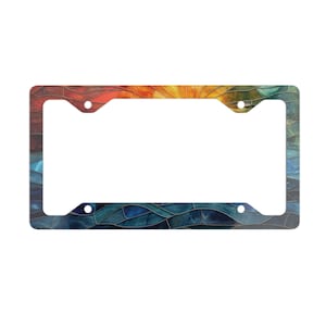 Faux Stained Glass Ocean Car Metal License Plate Frame, Retro Beach Sunset License Plate Cover, Summer Holiday Car Decor Gift