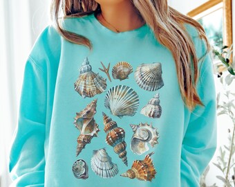Retro Summer Seashells Lightweight Crewneck Sweatshirt, Cottagecore Nautical Shirt, Y2K Coastal Beach Sweater, Pullover, Gift For Her
