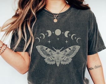 Celestial Moon Phases Moth Comfort Colors Shirt, Mystic Boho Sweatshirt, Boho Moth T-Shirt, Witchcraft Tee For Women, Witchy Lover Gift