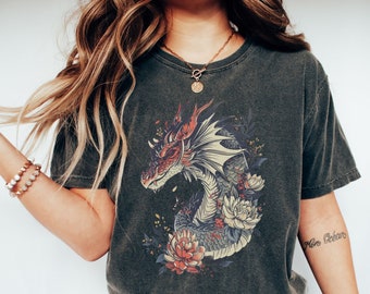Retro Dragon Floral Comfort Colors Shirt, Fantasy Dragon Cottagecore T-Shirt, Chinese Zodiac Year of Dragon Tee, Gift For Dragon Lover