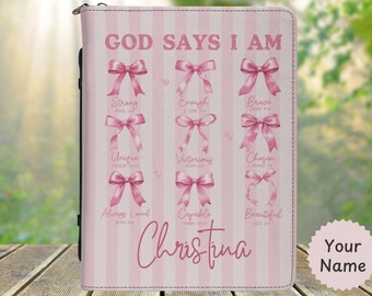 Personalized Name PU Vegan Leather Bible Book Cover, Coquette Bows Girlie Pink Bible Cover, Christian Gift, Bible Case, Book Lover Gift