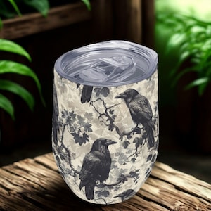 Gothic Crow Raven Bird 12oz Wine Tumbler, Retro Bird Wine Cup with Lid, Travel Mug, Party Favor, Spooky Bridesmaid Gift, Gift For Mom
