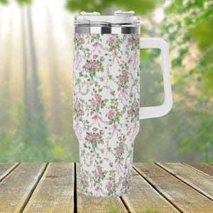 Coquette Rose Flower 40oz Stainless Steel Tumbler With Handle Lid and Straw, Cute Floral Summer Drink Cup, Travel Mug, Cute Tumbler Gift