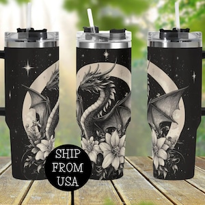 Celestial Dragon Floral 40oz Stainless Steel Tumbler With Handle Lid and Straw, Dragon Lover Drink Cup, Travel Tumbler, Fun Tumbler Gift
