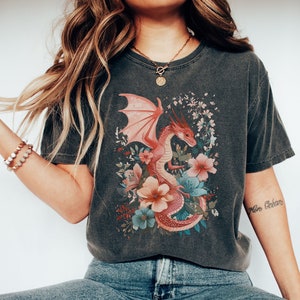 Valentine Dragon Floral Comfort Colors Shirt, Mystic Fantasy Dragon Boho T-Shirt, Chinese Zodiac Year of Dragon Tee, Gift For Dragon Lover