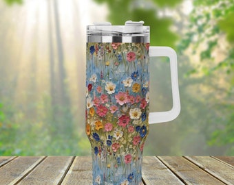 Wildflowers 40oz Stainless Steel Tumbler With Handle Lid and Straw, Cottagecore Floral Drink Cup, Travel Tumbler, Fun Tumbler Gift