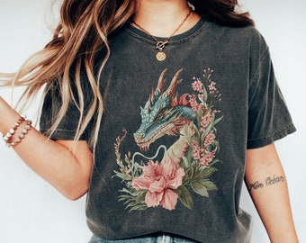 Retro Dragon Floral Comfort Colors Shirt, Mystic Fantasy Dragon Boho T-Shirt, Chinese Zodiac Year of Dragon Tee, Gift For Dragon Lover