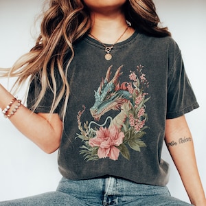 Retro Dragon Floral Comfort Colors Shirt, Mystic Fantasy Dragon Boho T-Shirt, Chinese Zodiac Year of Dragon Tee, Gift For Dragon Lover